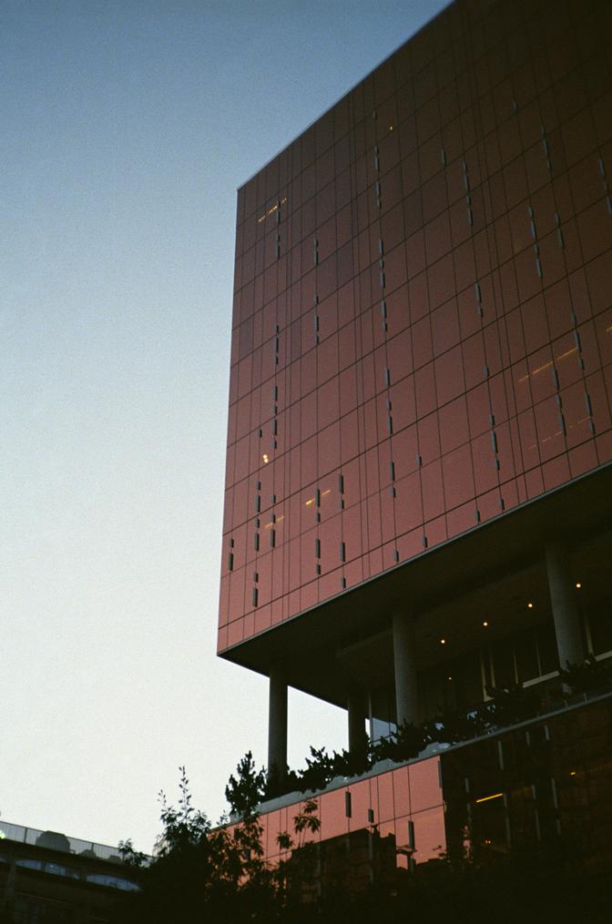 The side of a golden hotel building, with sunlight reflecting off of the shiny windows